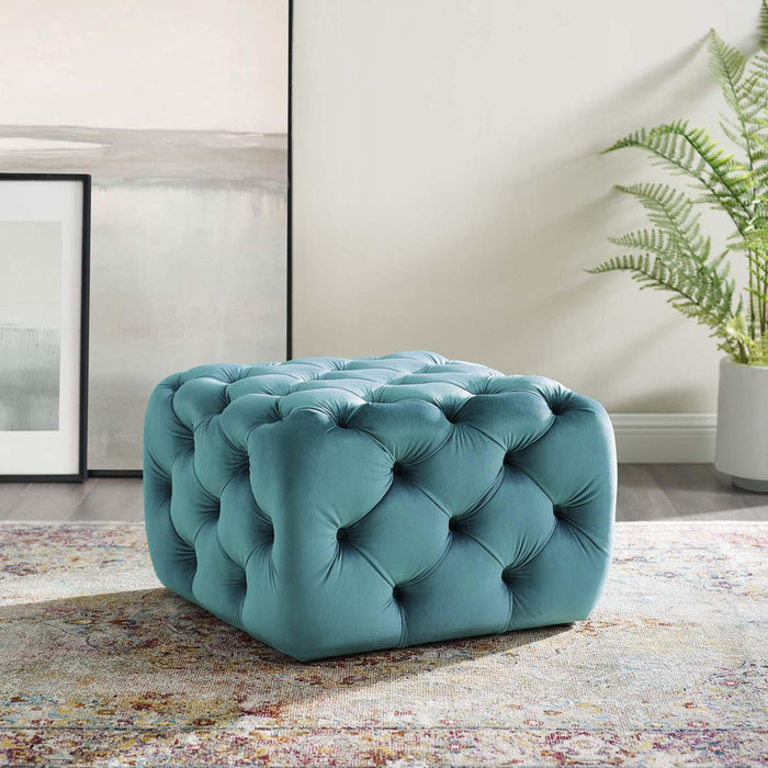 Amour Tufted Button Square Performance Velvet Ottoman