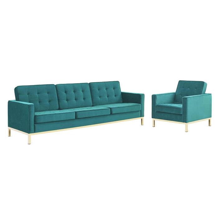 Loft Gold Stainless Steel Leg Performance Velvet Sofa and Armchair Set