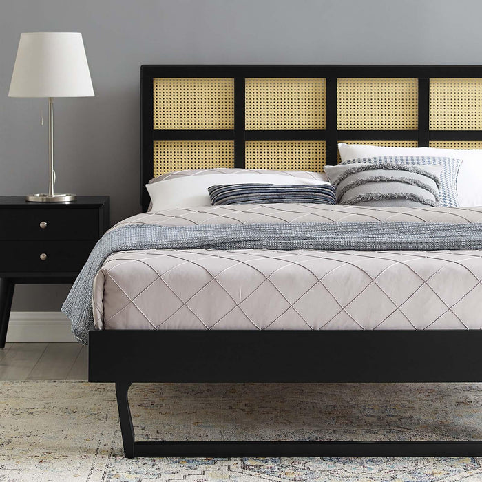 Sidney Cane and Wood Queen Platform Bed With Angular Legs