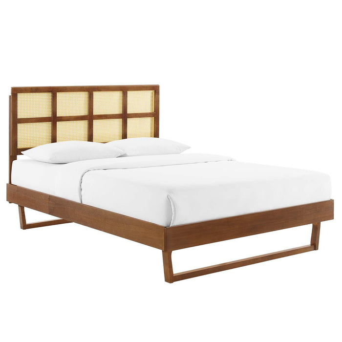 Sidney Cane and Wood Full Platform Bed With Angular Legs