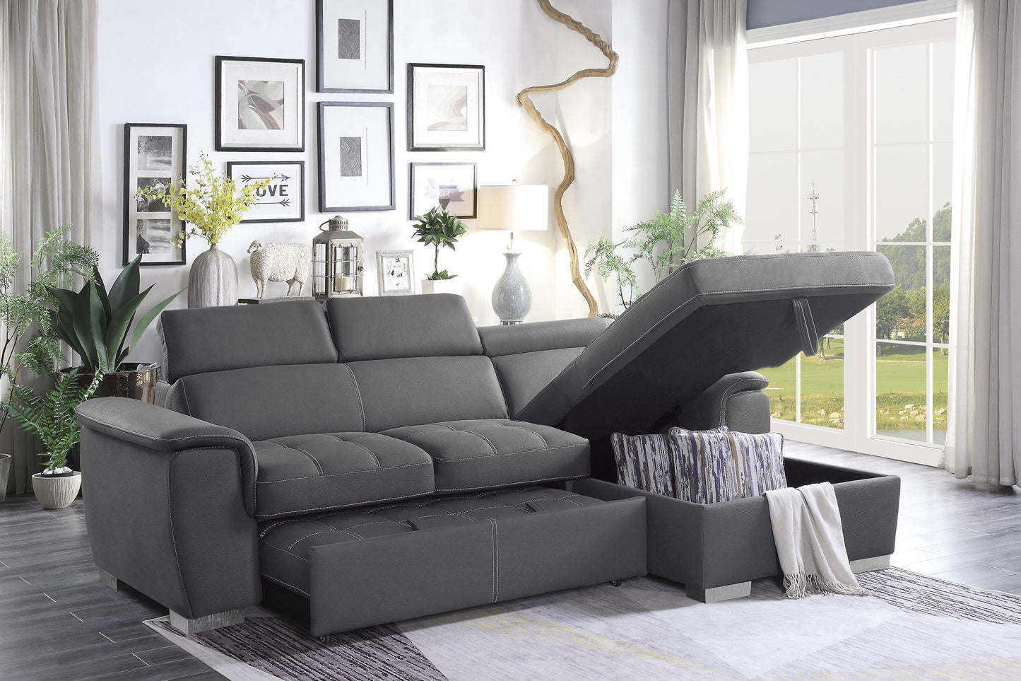 Ferriday 2-Piece Sectional with Pull-out Bed and Hidden Storage DARK GREY