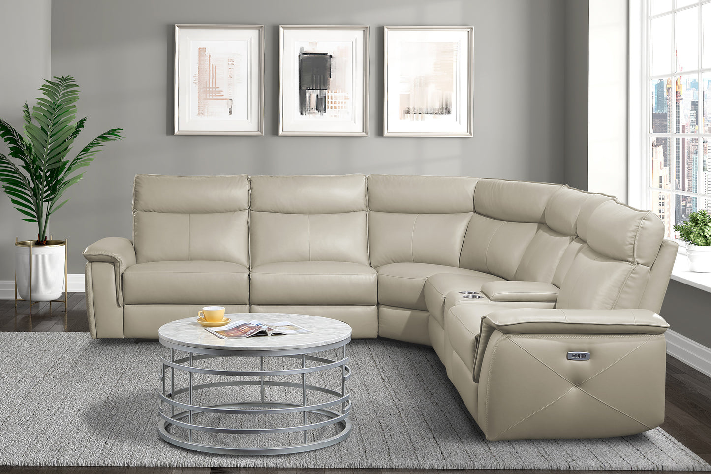Maroni 6PC Modular Top Grain Leather Power Sectional TAUPE