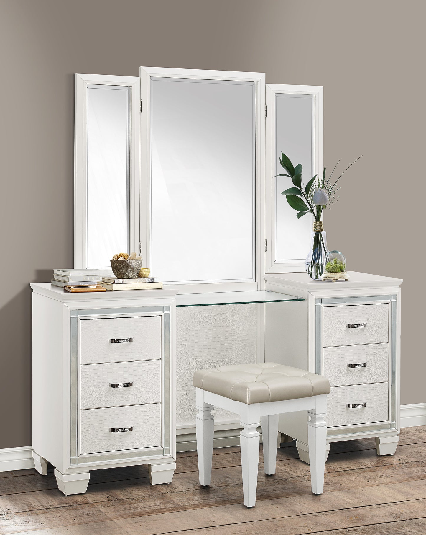 Allura Queen Bedroom Set Queen Bed W/ LED night stand dresser mirror WHITE