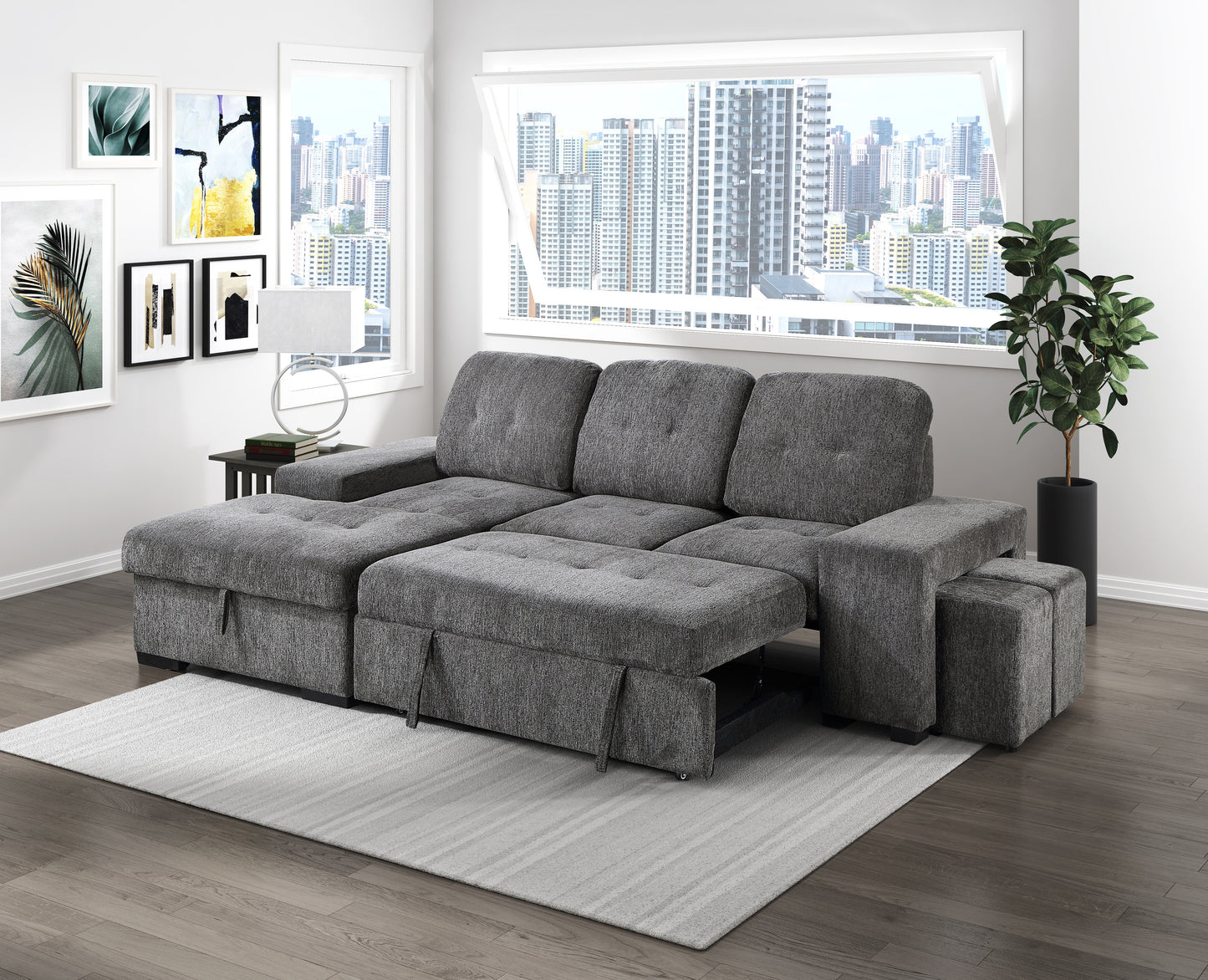 Dadeville Sectional with Sleeper & Storage & Ottomans LAF only GREY ONLY