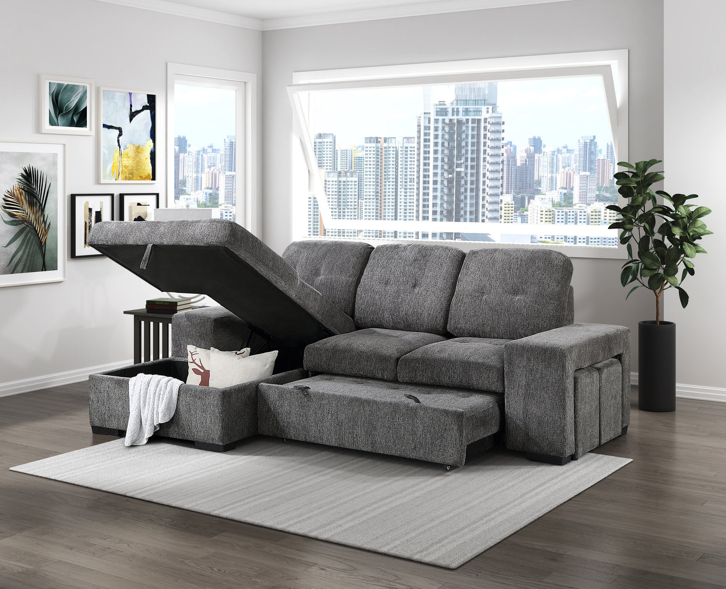 Dadeville Sectional with Sleeper & Storage & Ottomans LAF only GREY ONLY