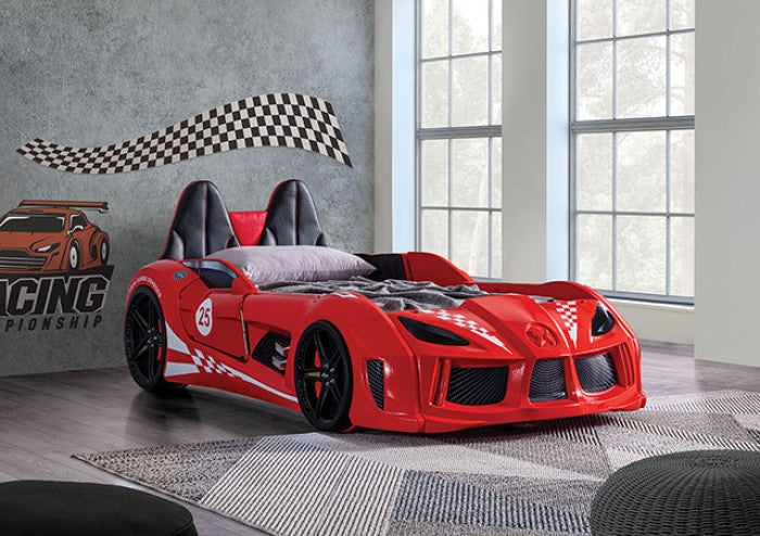 Twin/Full Size Race Car-Shaped Platform Bed with Wheels Wood Bed Frames  Kids Bed