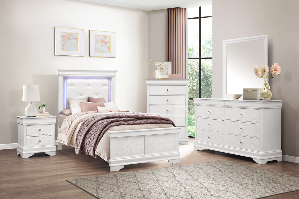 Lana 4PC Twin Bedroom Set w/LED- Twin bed, dresser, mirror, night stand  WHITE ONLY